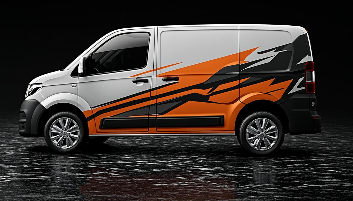 Konzept: Transporter mit auffälliger Orange-Schwarz-Folierung und geometrischem Design