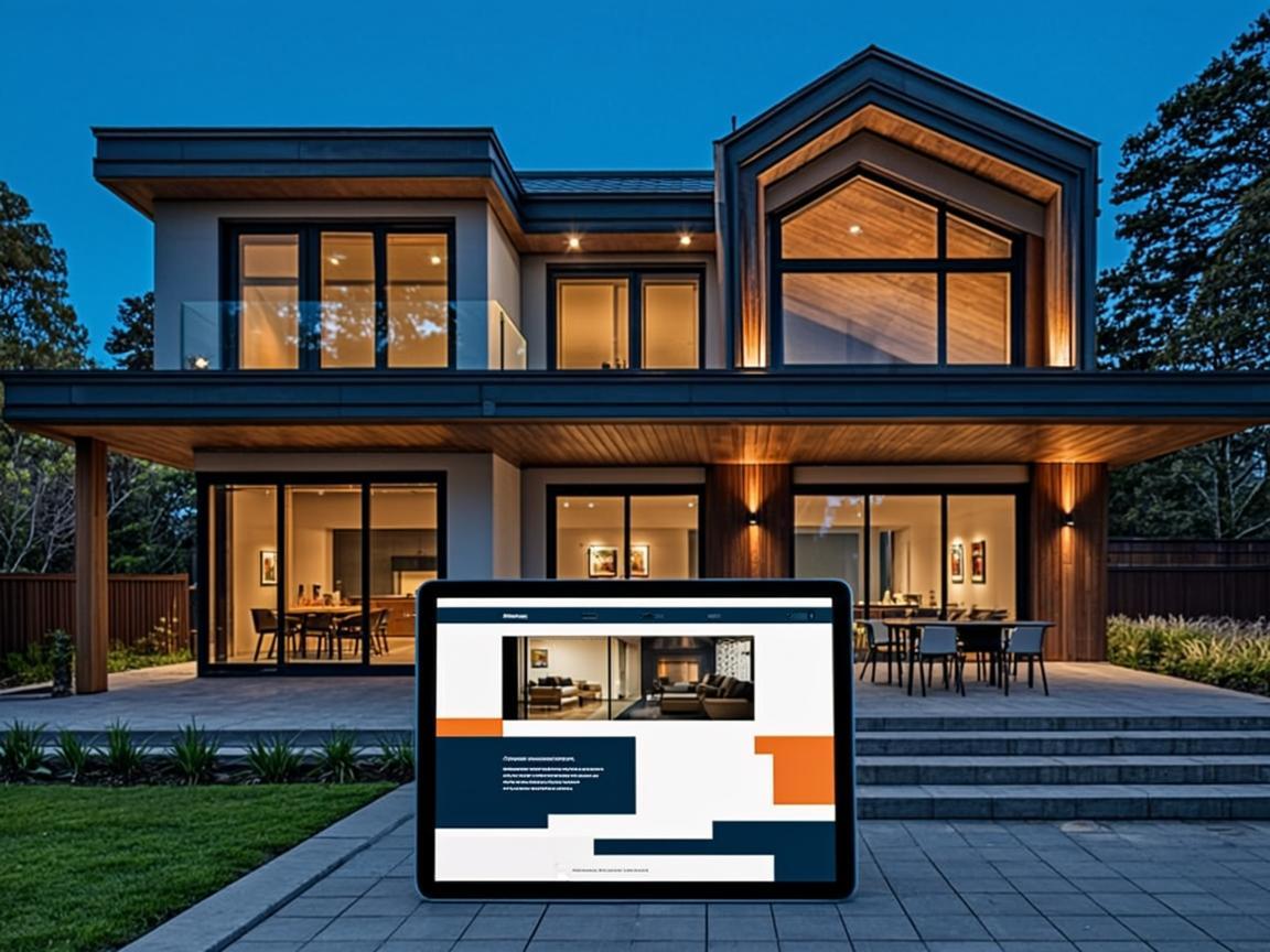 Konzept: Moderne Wohngebäude in der Abenddämmerung mit Tablet und Immobilienwebsite