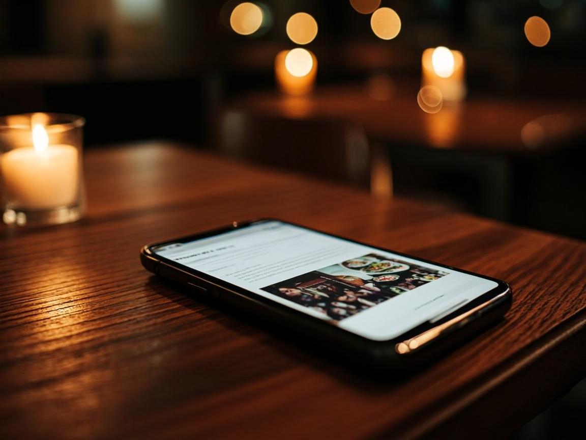 Konzept: Smartphone mit dunkler Restaurantwebsite auf gedecktem Tisch bei Kerzenlicht