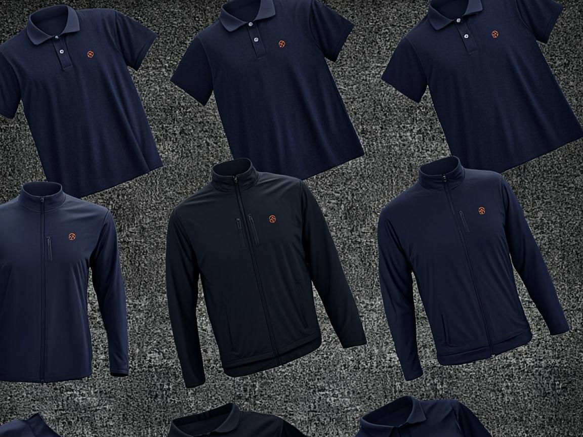 Konzept: Dunkle Polo-Shirts und Softshelljacken mit besticktem Logo auf dunkler Oberfläche